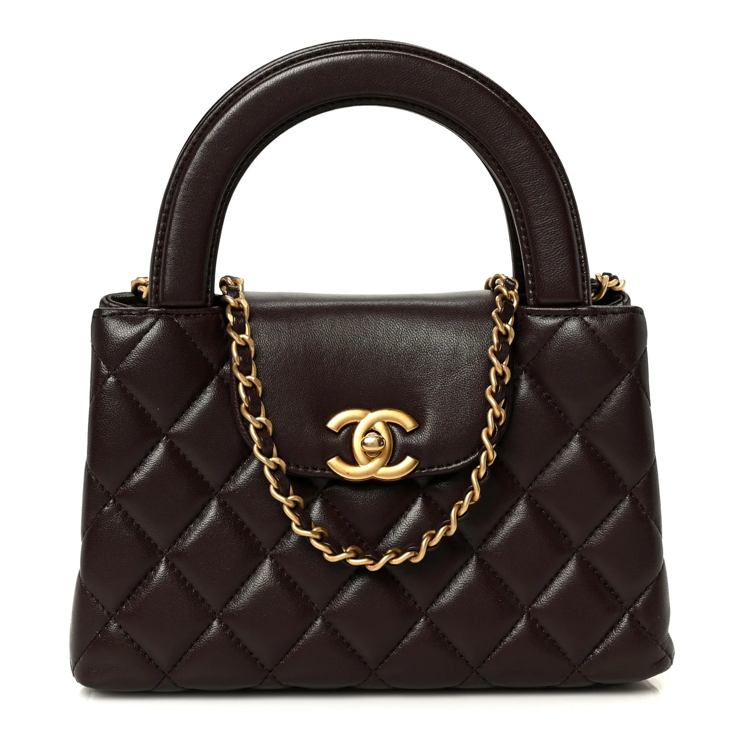 Shiny Aged Calfskin Quilted Nano Kelly Shopper Dark Brown