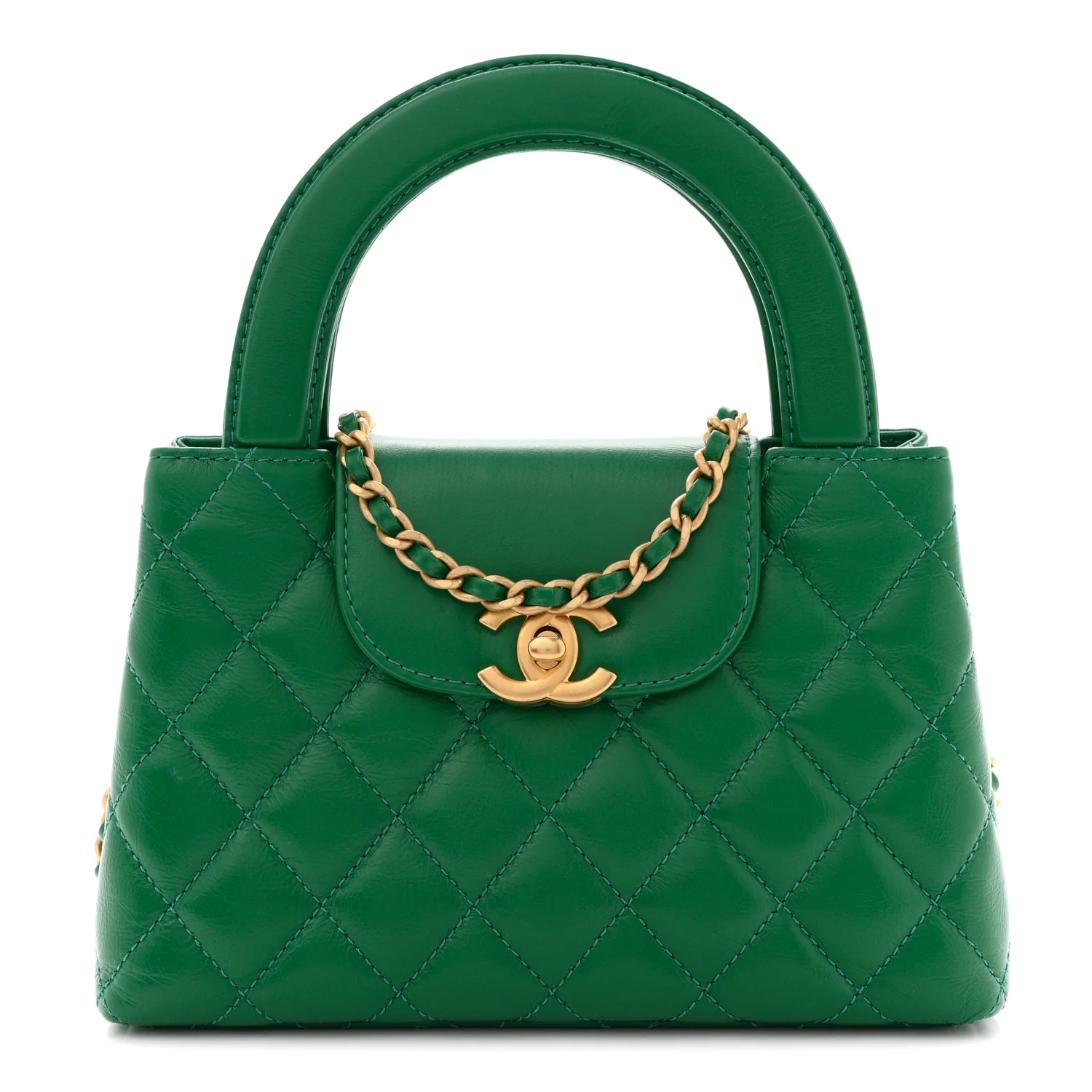 Shiny Aged Calfskin Quilted Nano Kelly Shopper Green