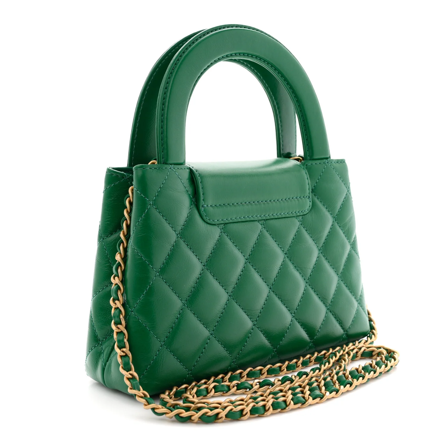 Shiny Aged Calfskin Quilted Nano Kelly Shopper Green - Image 3