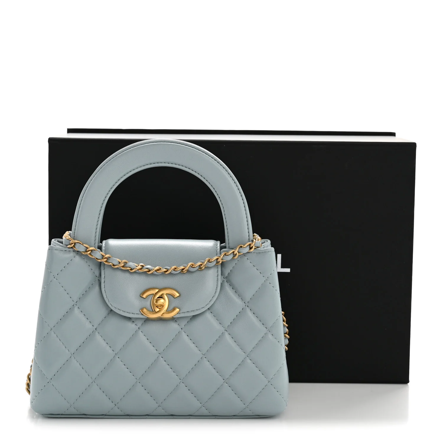 Shiny Aged Calfskin Quilted Nano Kelly Shopper Light Blue - Image 11