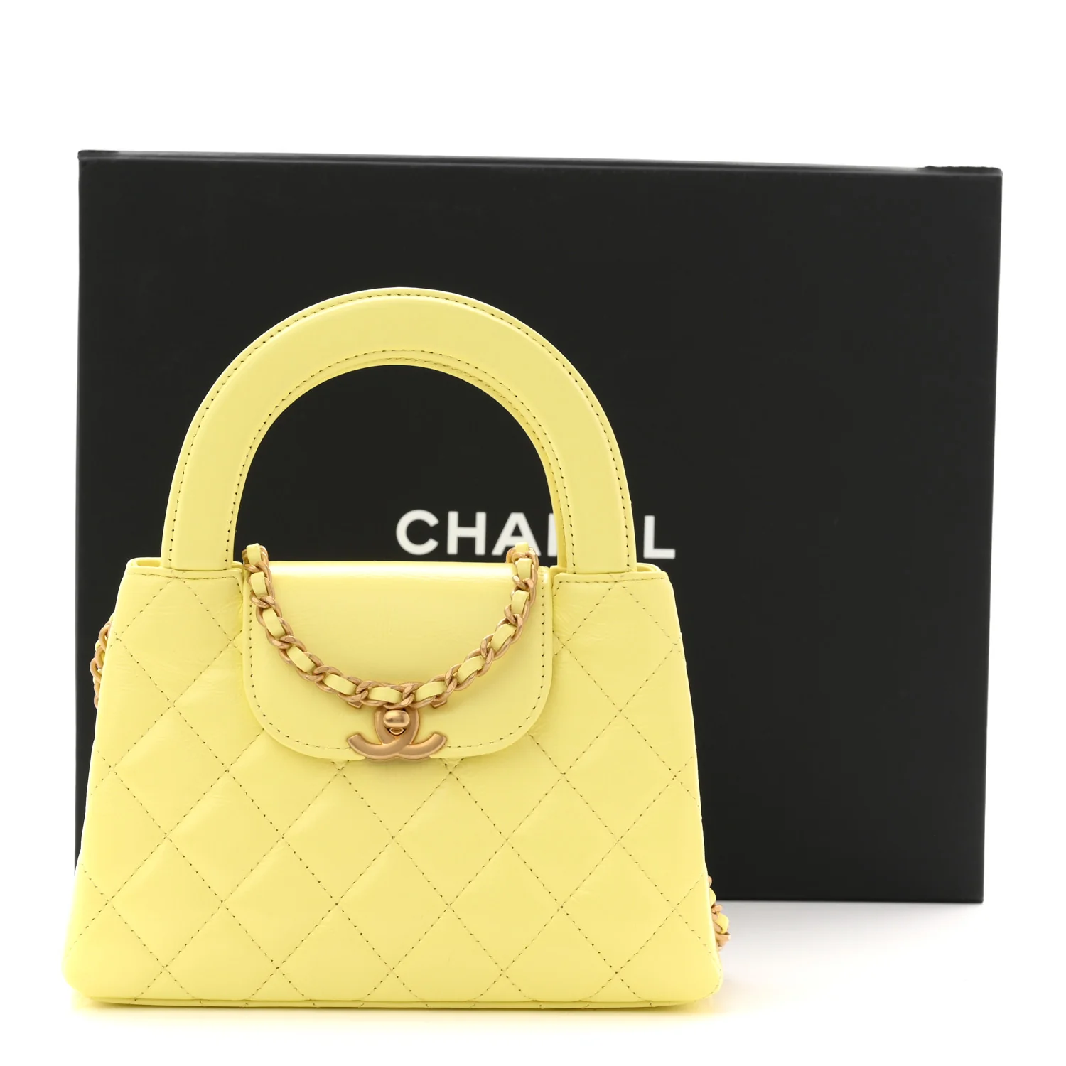 Shiny Aged Calfskin Quilted Nano Kelly Shopper Light Yellow - Image 11