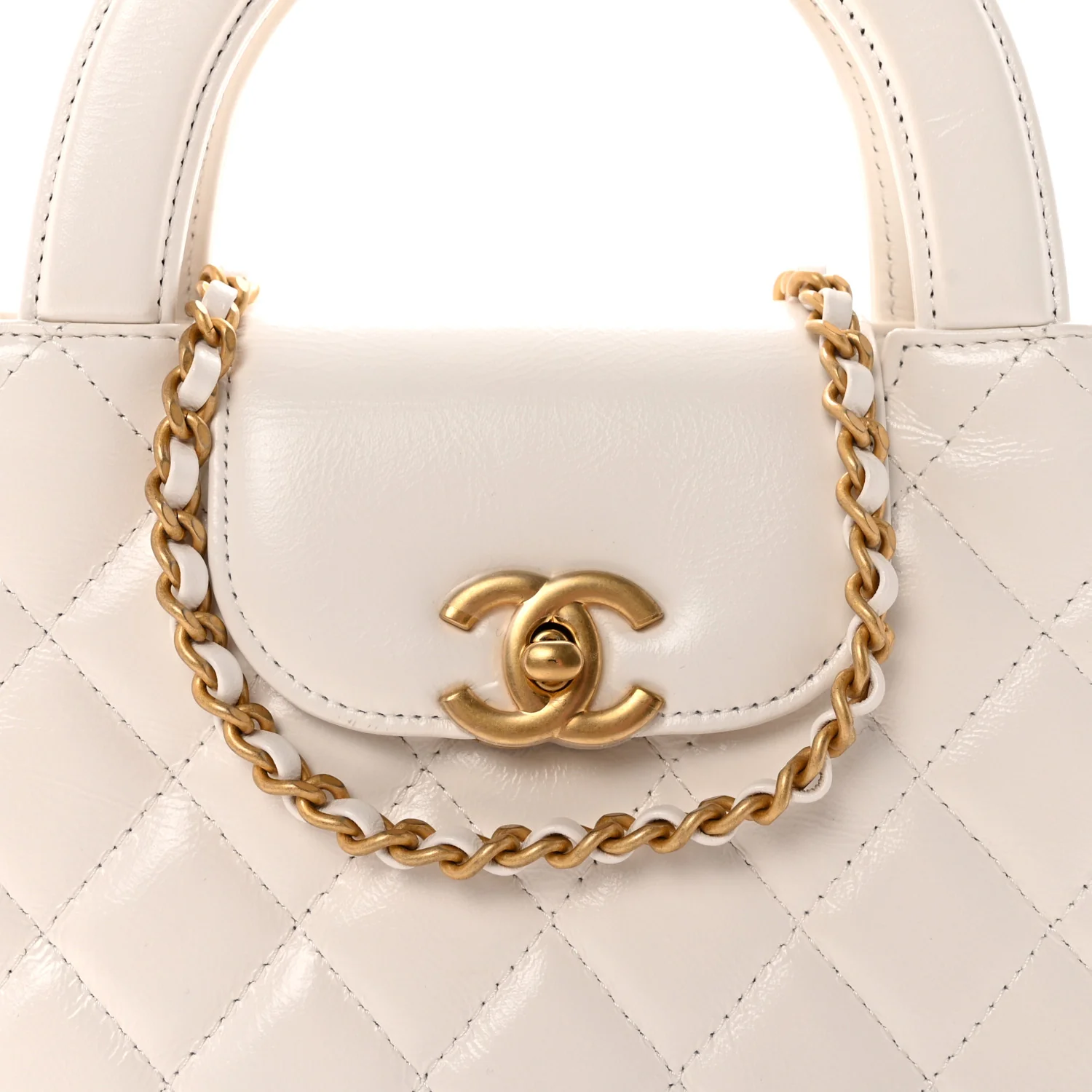 Shiny Aged Calfskin Quilted Nano Kelly Shopper White - Image 8