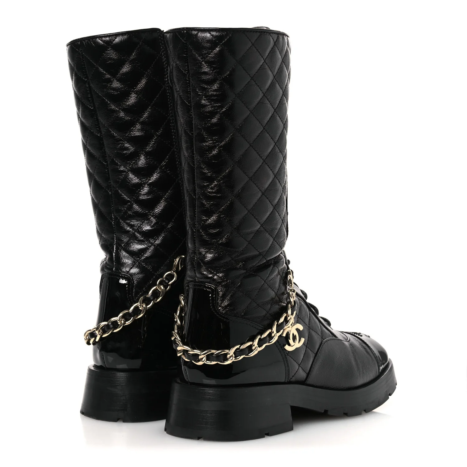 Shiny Calfskin Patent Quilted Chain Lace Up Combat Long Boots 37 Black - Image 5