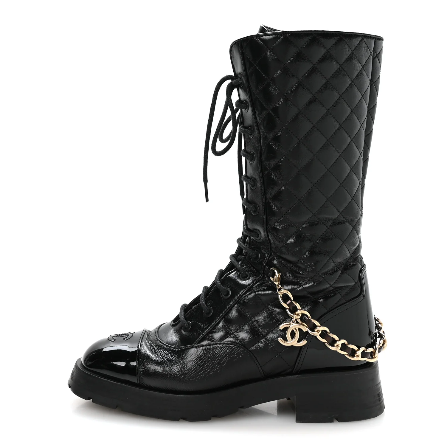 Shiny Calfskin Patent Quilted Chain Lace Up Combat Long Boots 38.5 Black