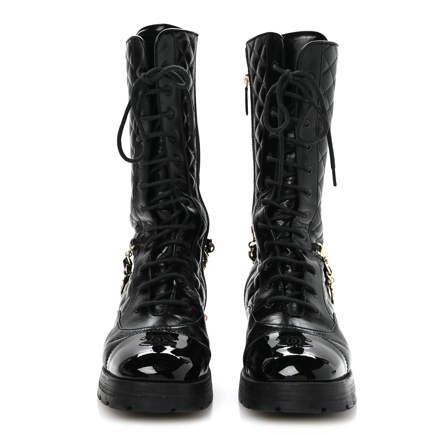 Shiny Calfskin Patent Quilted Chain Lace Up Combat Long Boots 38.5 Black - Image 3