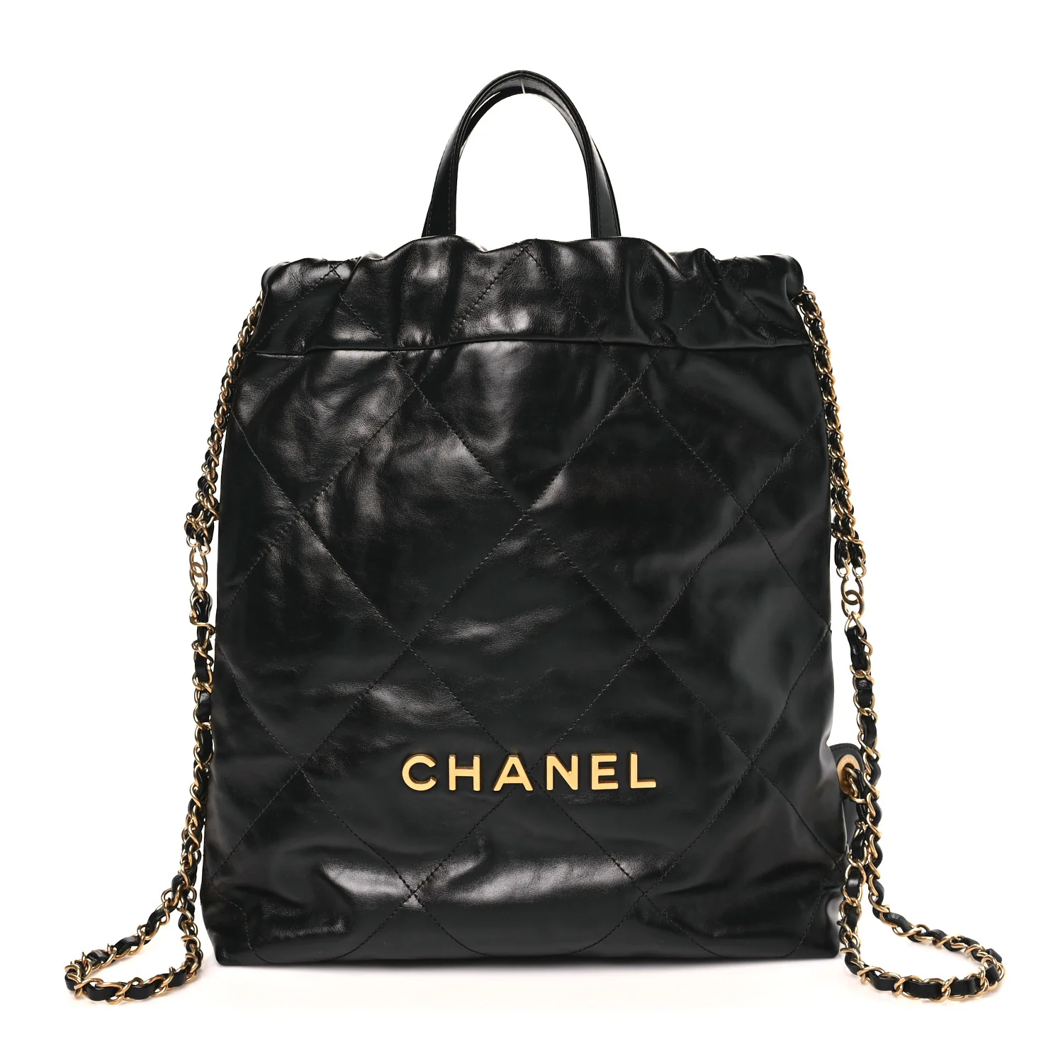 Shiny Calfskin Quilted Chanel 22 Backpack Black