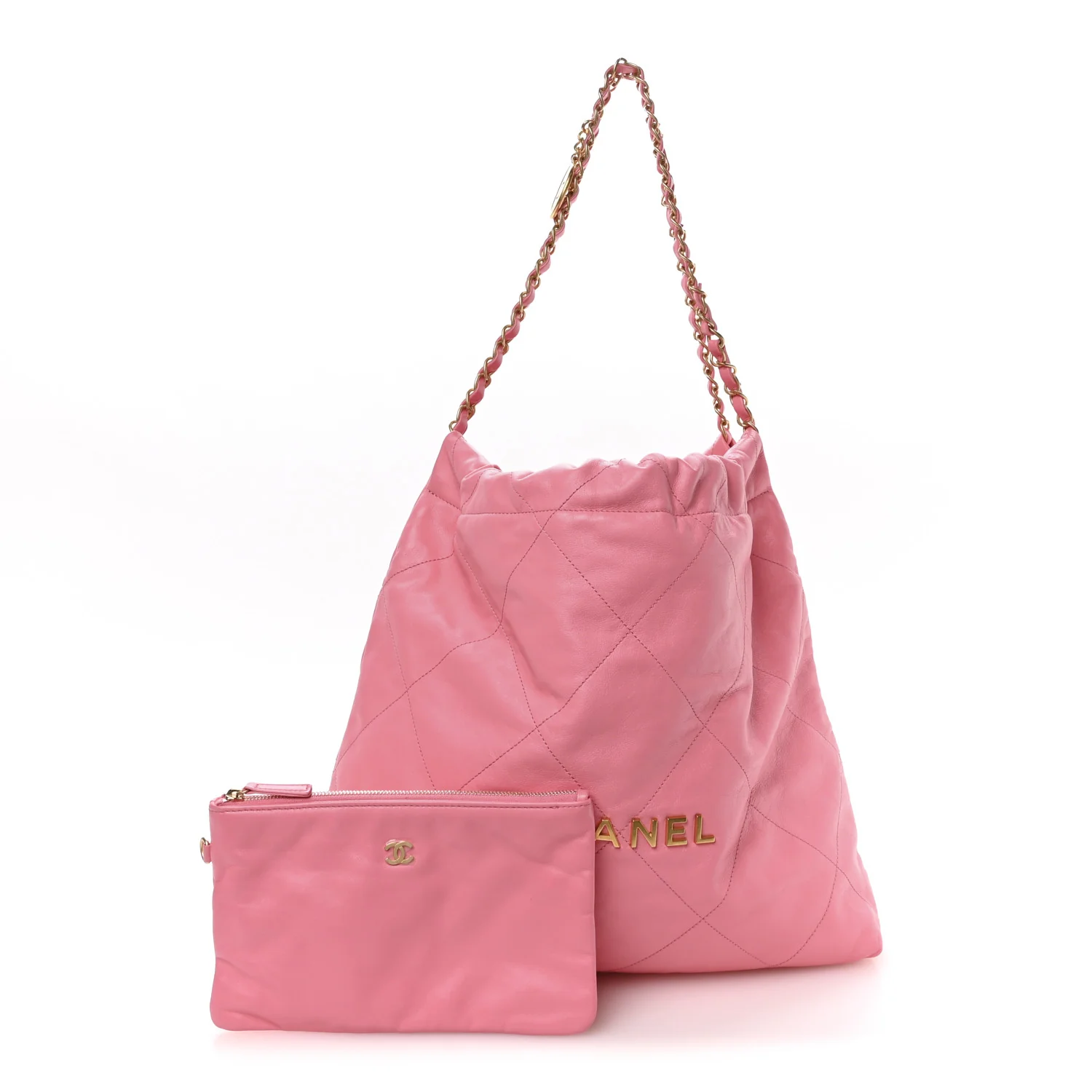 Shiny Calfskin Quilted Chanel 22 Drawstring Bag Pink - Image 3