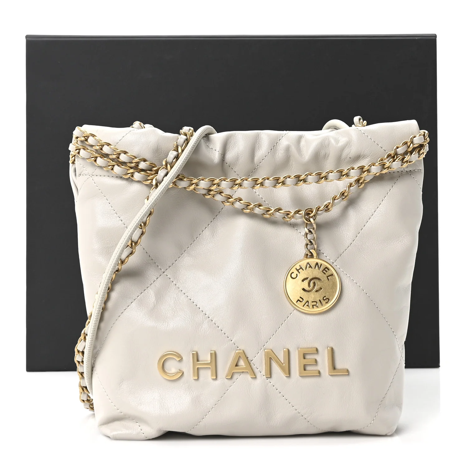 Shiny Calfskin Quilted Mini Chanel 22 Light Grey - Image 11