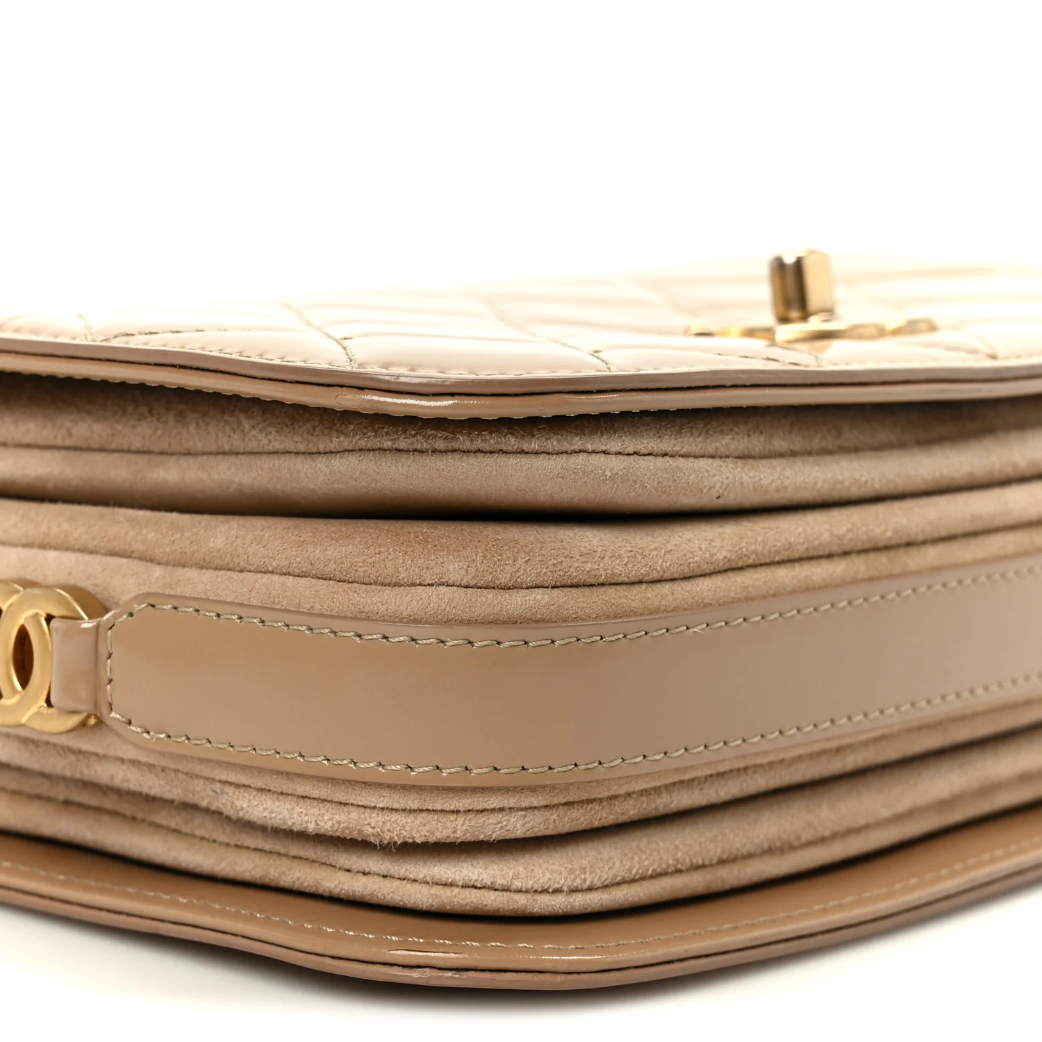 Shiny Calfskin Quilted Suede Goatskin Mini Messenger Beige - Image 10