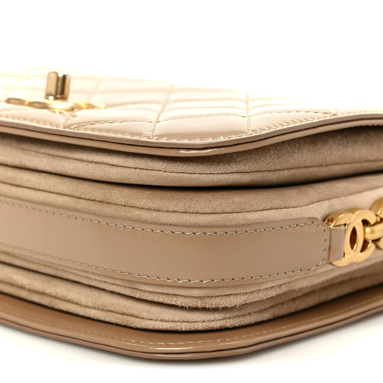 Shiny Calfskin Quilted Suede Goatskin Mini Messenger Beige - Image 11