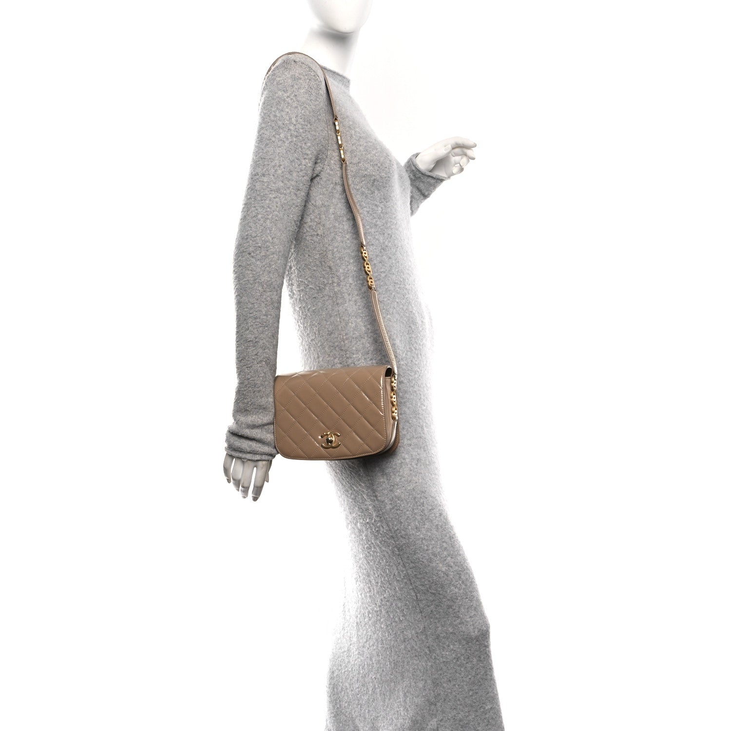 Shiny Calfskin Quilted Suede Goatskin Mini Messenger Beige - Image 2