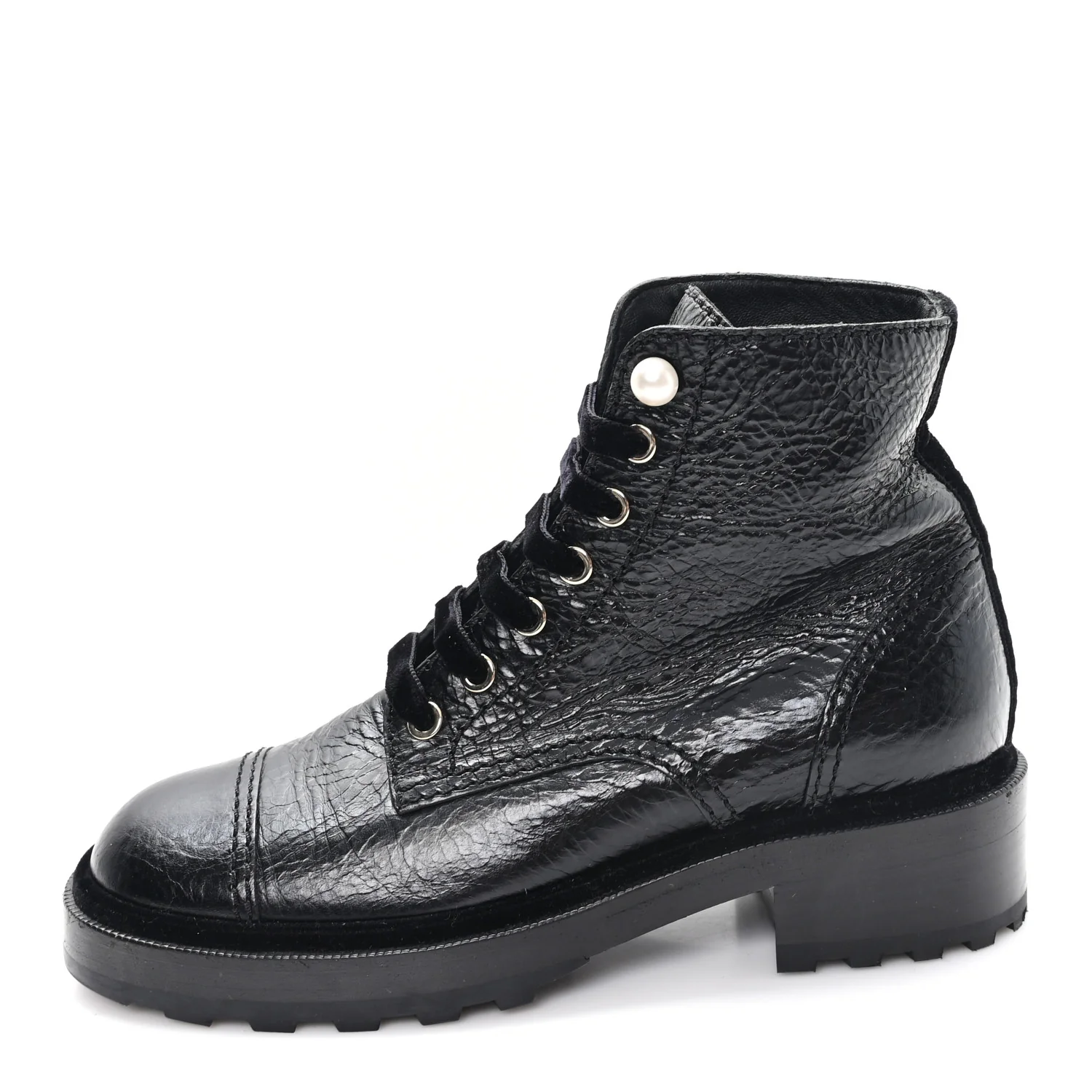 Shiny Calfskin Velvet Pearl Combat Short Boots 37.5 Black