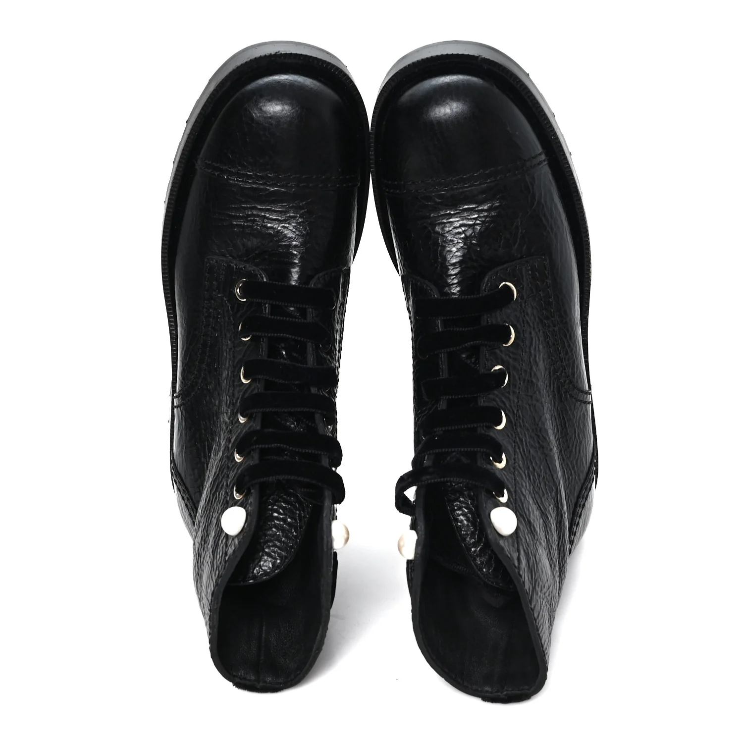 Shiny Calfskin Velvet Pearl Combat Short Boots 37.5 Black - Image 2