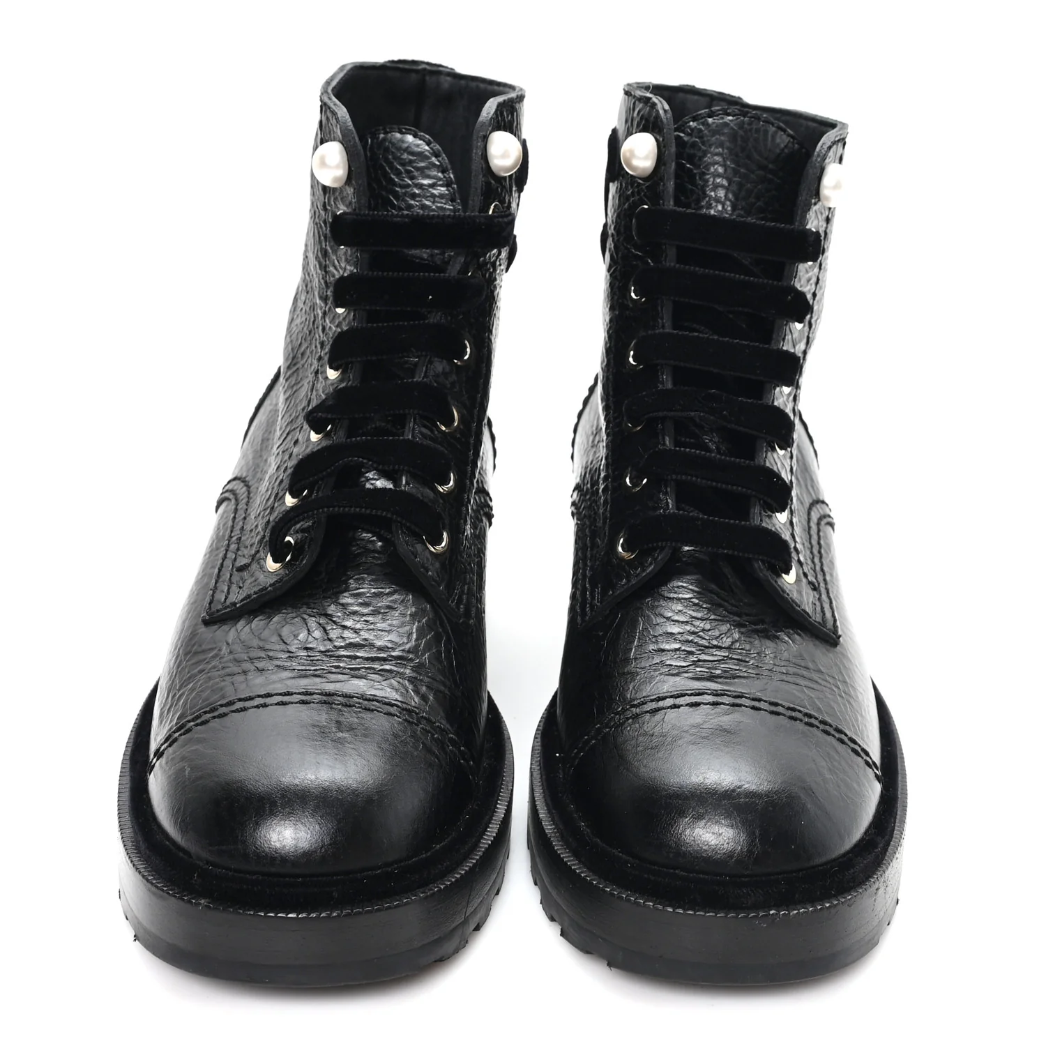Shiny Calfskin Velvet Pearl Combat Short Boots 37.5 Black - Image 3