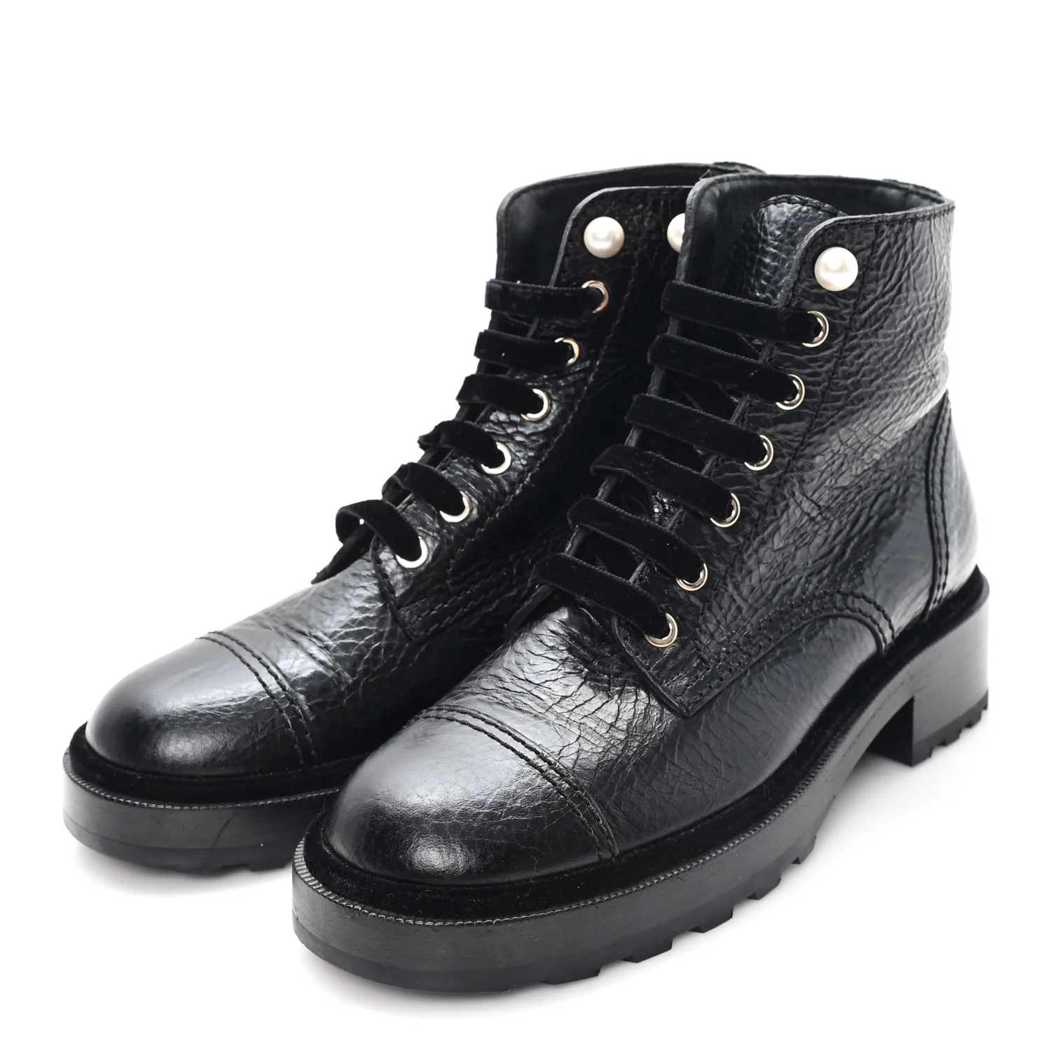 Shiny Calfskin Velvet Pearl Combat Short Boots 37.5 Black - Image 4