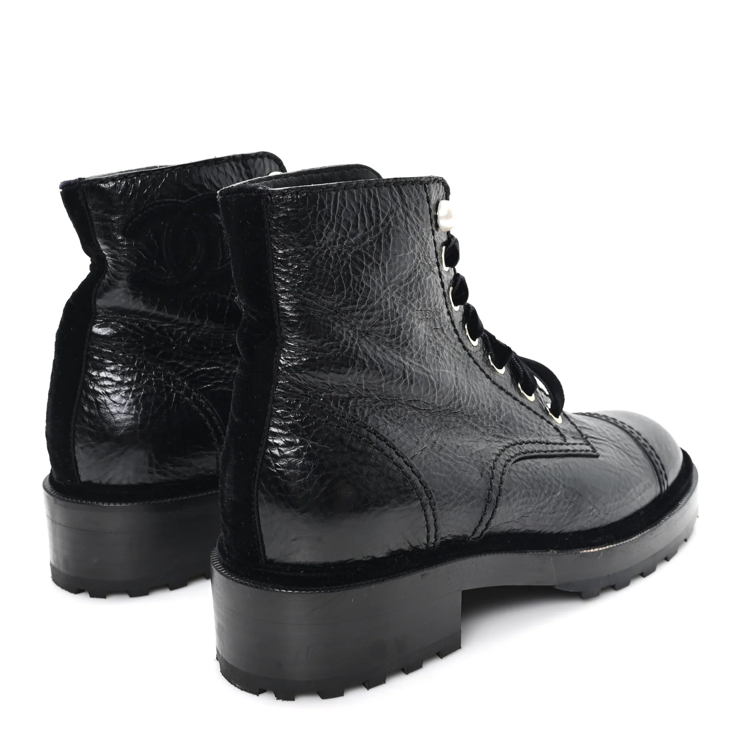 Shiny Calfskin Velvet Pearl Combat Short Boots 37.5 Black - Image 5