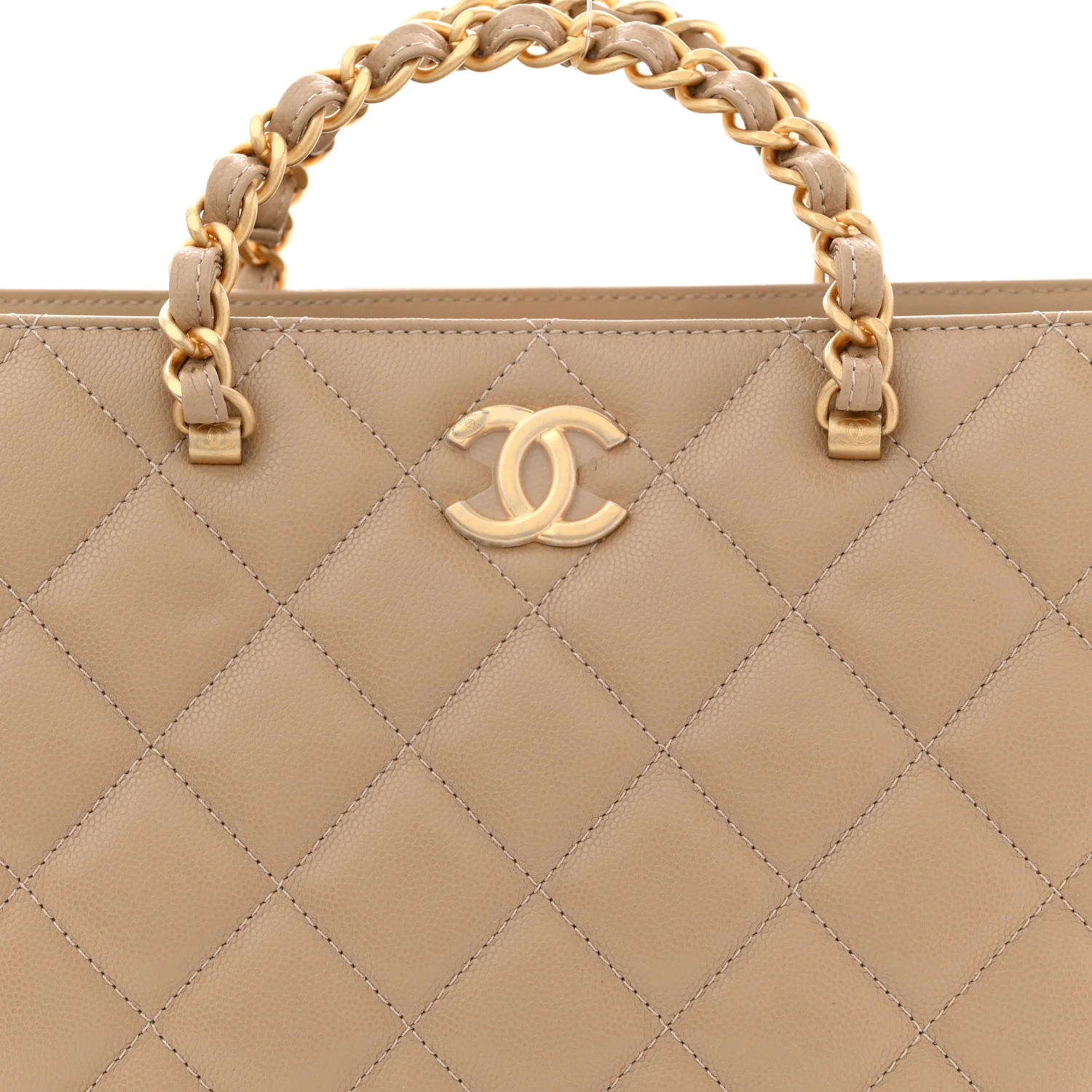 Shiny Caviar Quilted Chain Handle Shopping Tote Beige - Image 9