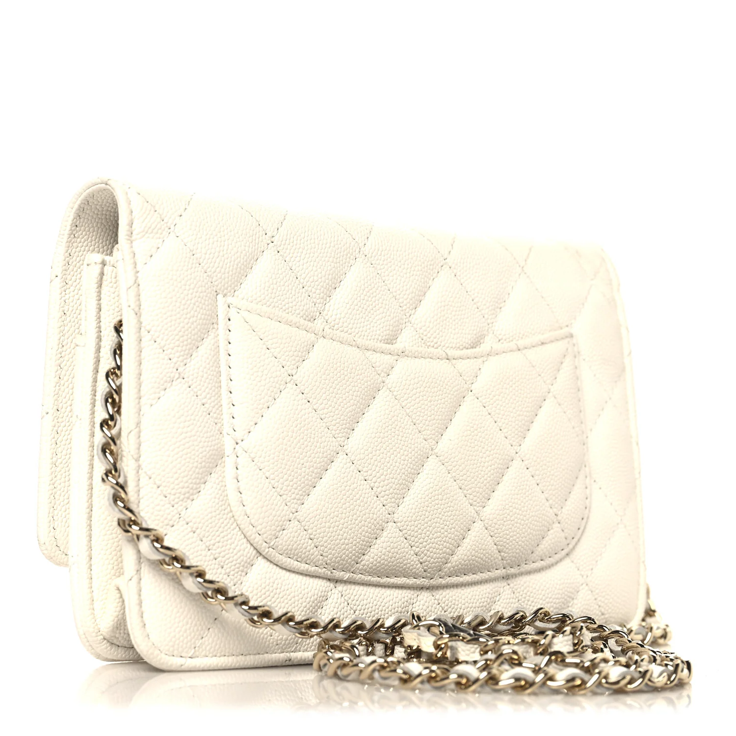 Shiny Caviar Quilted Flap Charm Wallet On Chain WOC White - Image 3