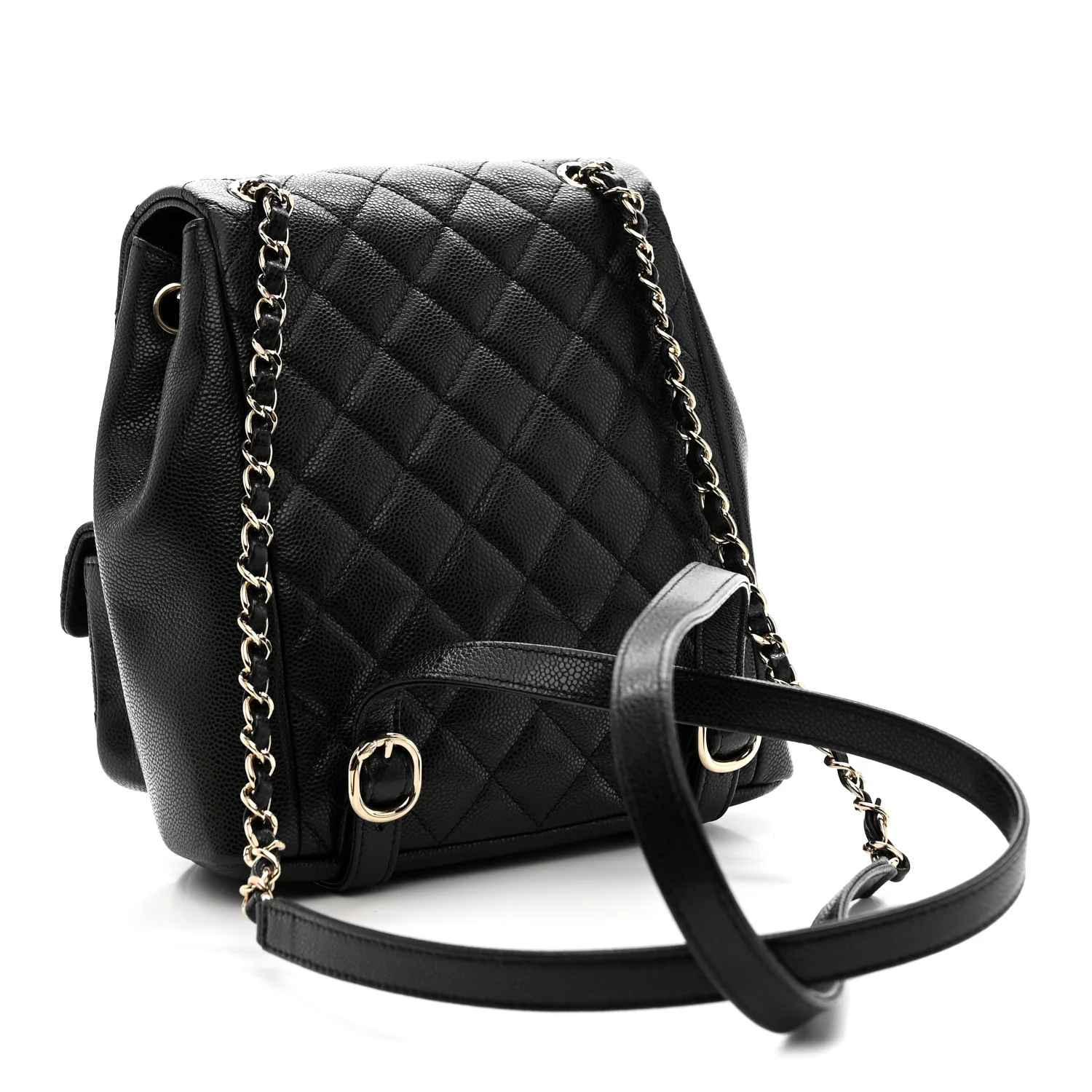 Shiny Caviar Quilted Medium Duma Pockets Drawstring Backpack Black - Image 3