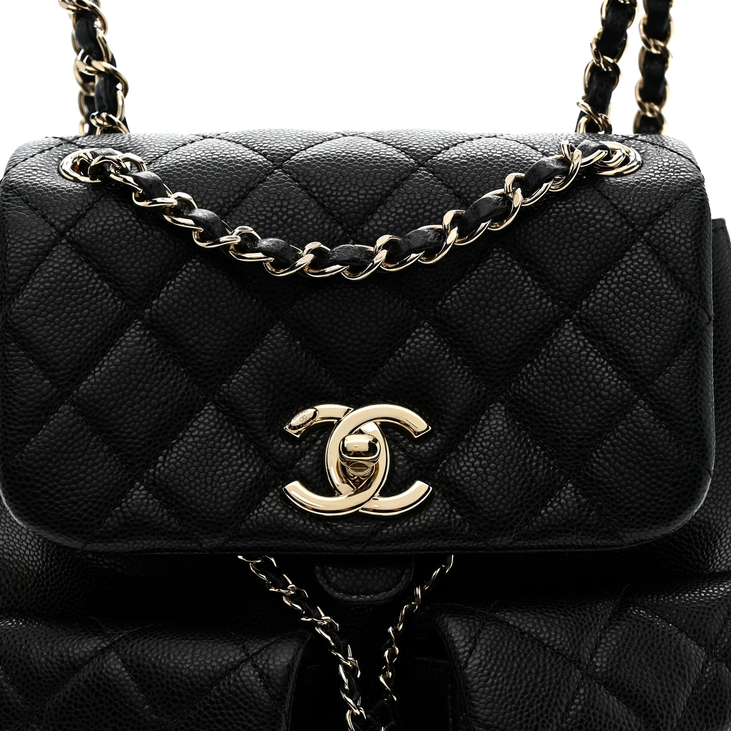 Shiny Caviar Quilted Medium Duma Pockets Drawstring Backpack Black - Image 9