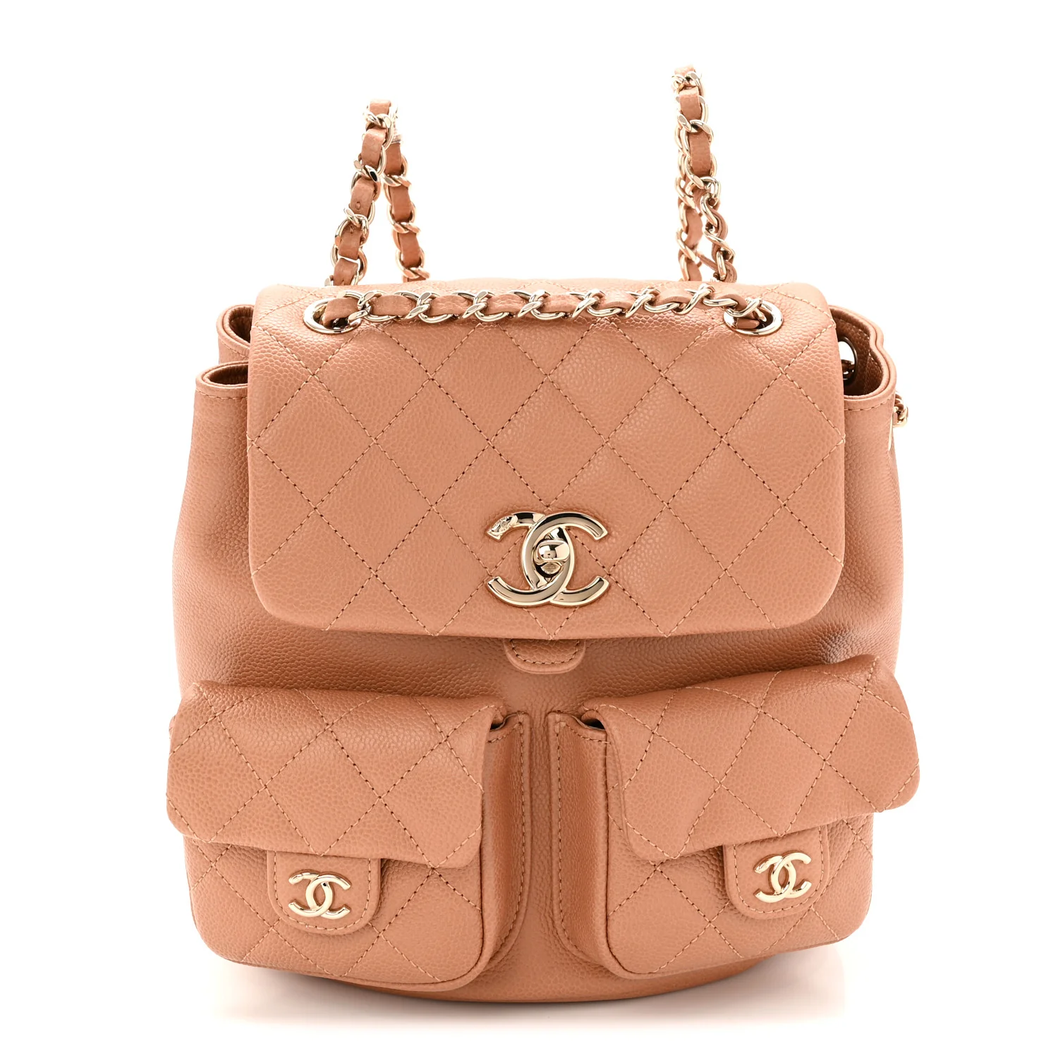 Shiny Caviar Quilted Medium Duma Pockets Drawstring Backpack Dark Beige