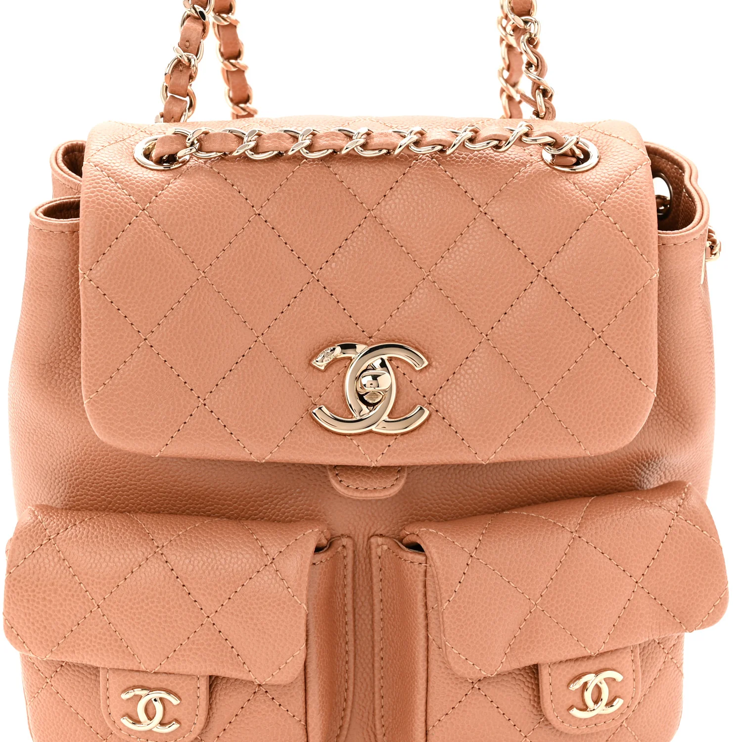 Shiny Caviar Quilted Medium Duma Pockets Drawstring Backpack Dark Beige - Image 8
