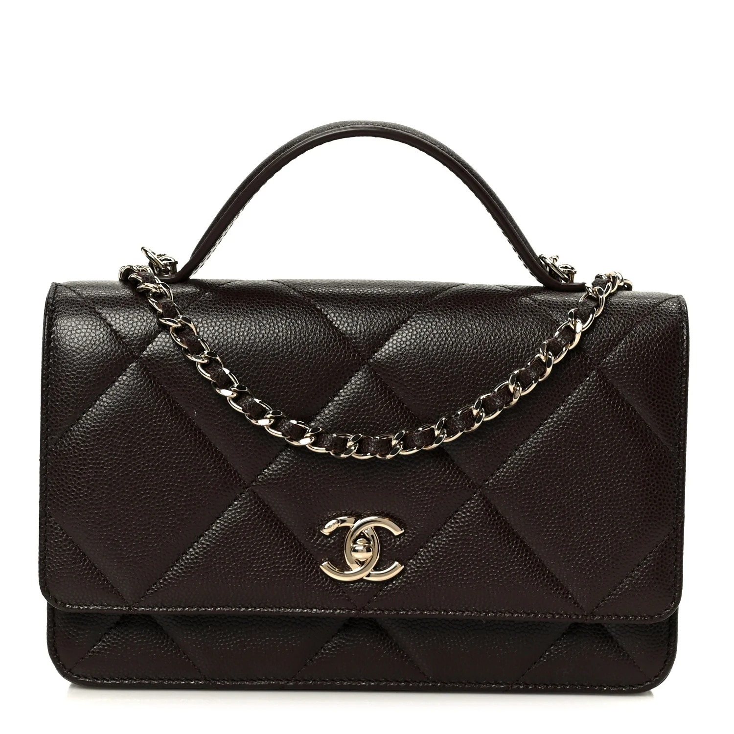 Shiny Caviar Quilted Turnlock Top Handle Wallet On Chain WOC Dark Brown