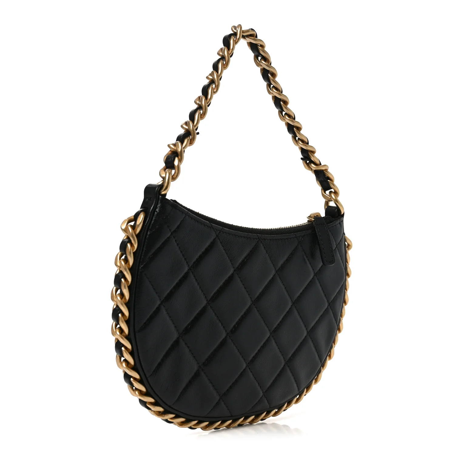 Shiny Crumbled Lambskin Quilted Round Small CC Hobo Black - Image 3
