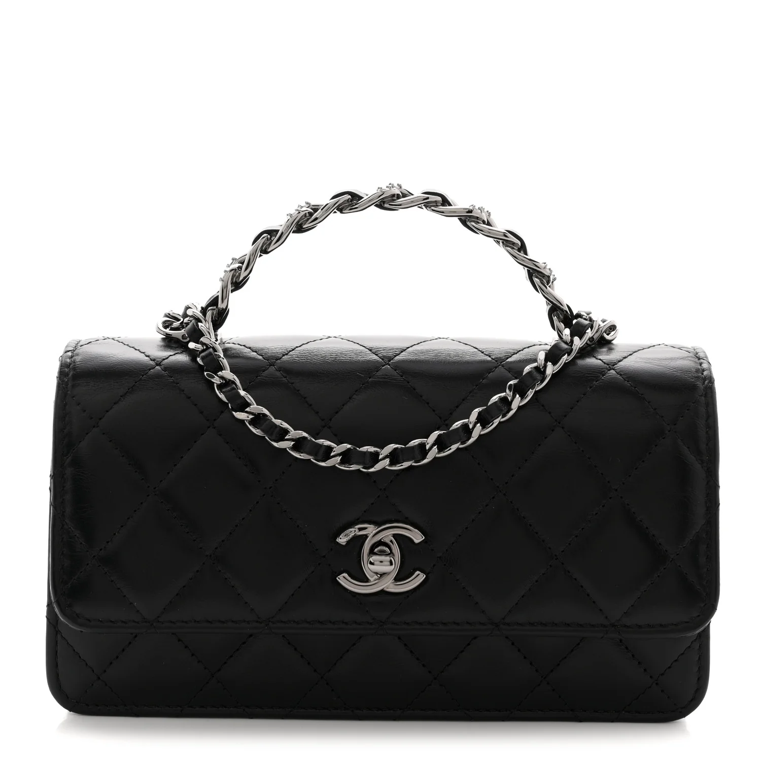 Shiny Crumpled Calfskin Crystal Quilted Precious Handle Clutch With Chain Black