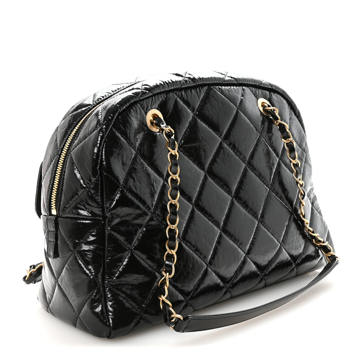 Shiny Crumpled Calfskin Quilted Large Bowling Bag Black - Image 3