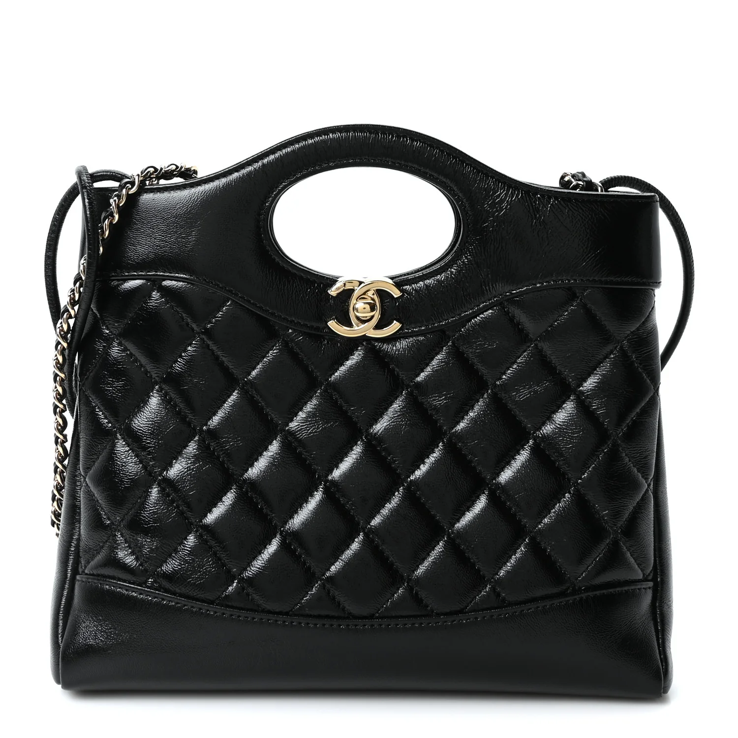 Shiny Crumpled Calfskin Quilted Mini 31 Shopping Bag Black