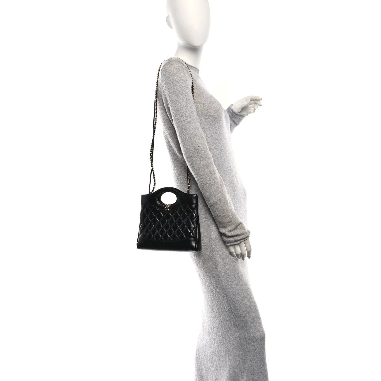 Shiny Crumpled Calfskin Quilted Mini 31 Shopping Bag Black - Image 2