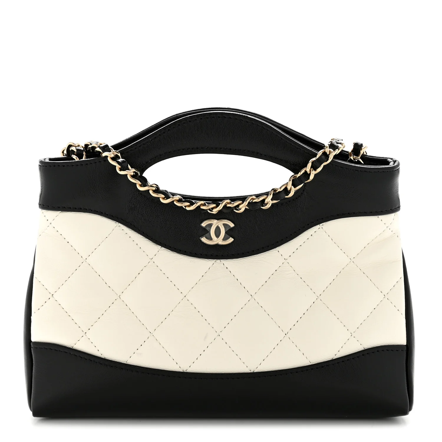 Shiny Crumpled Calfskin Quilted Nano 31 Shopping Bag White Black