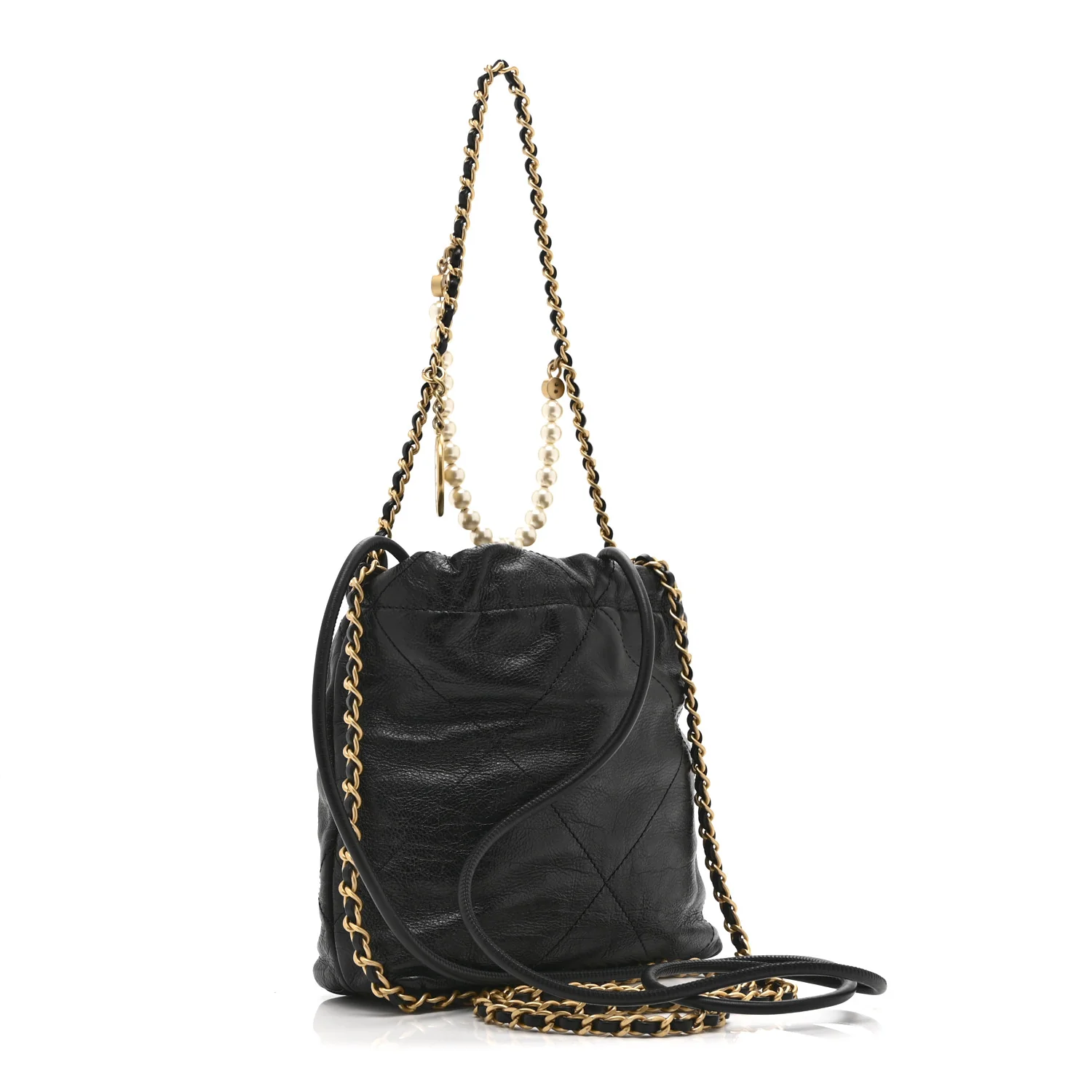 Shiny Crumpled Calfskin Quilted Pearl Mini Chanel 22 Black - Image 3