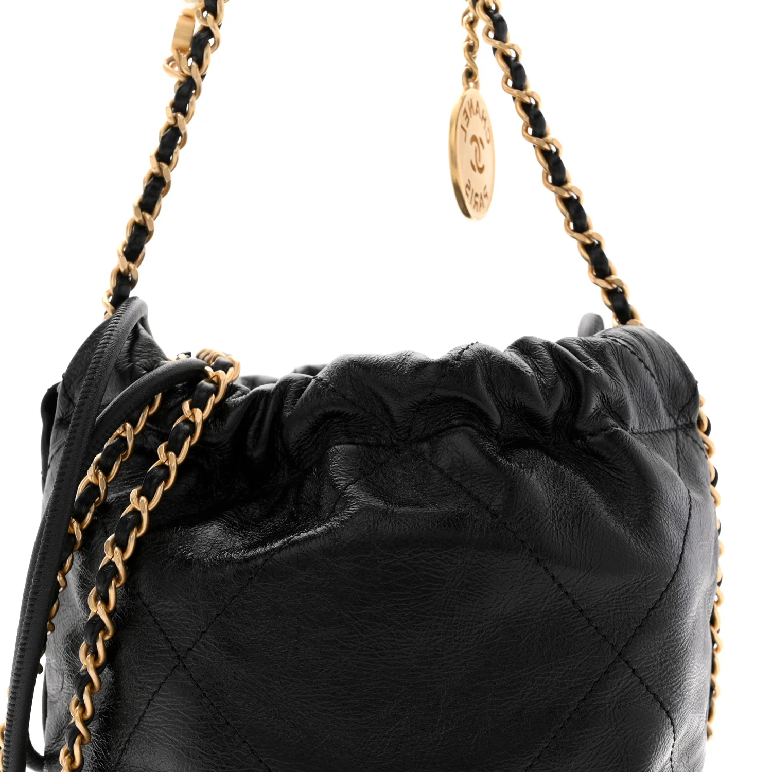 Shiny Crumpled Calfskin Quilted Pearl Mini Chanel 22 Black - Image 9