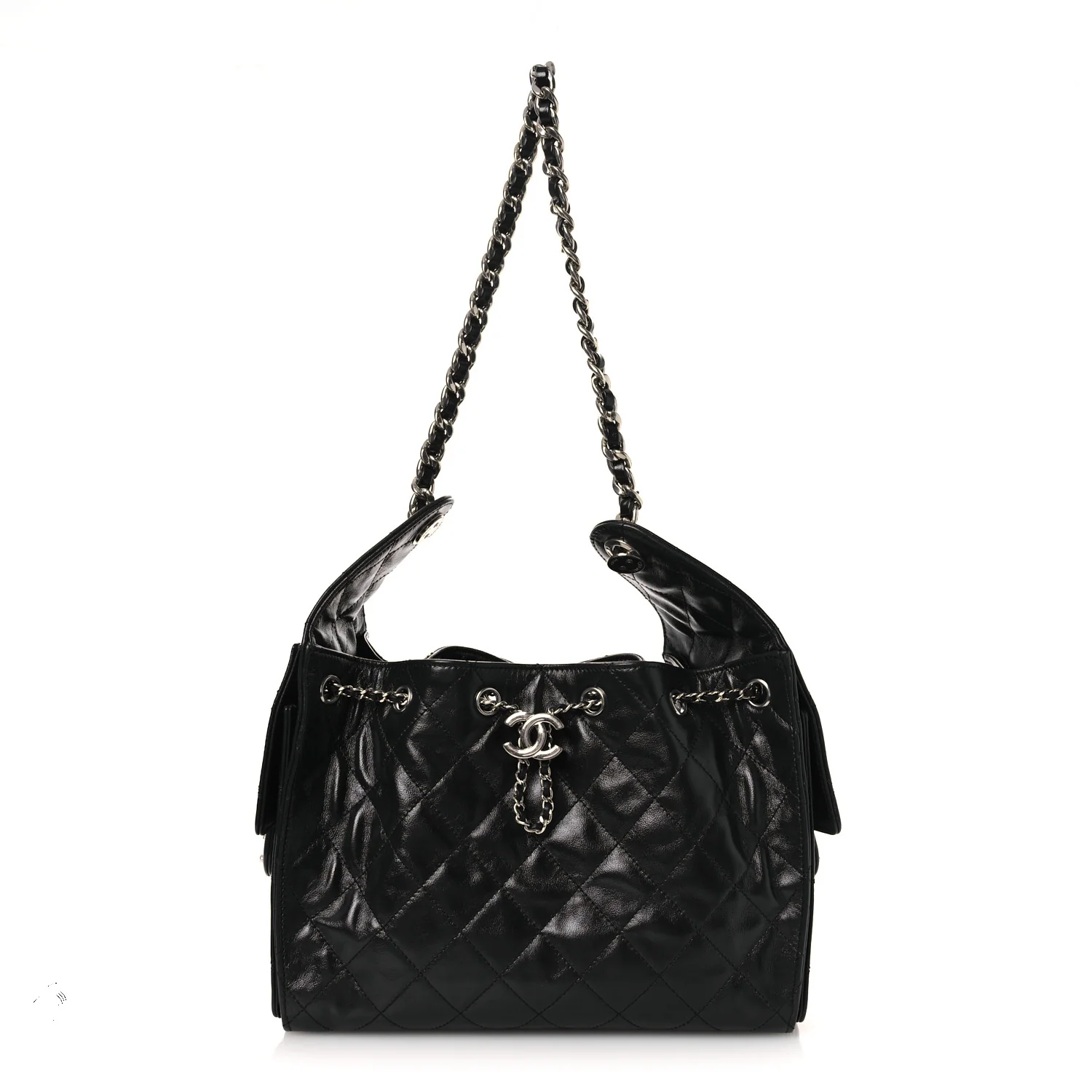 Shiny Crumpled Calfskin Quilted Small Chanel 25 Handbag Black