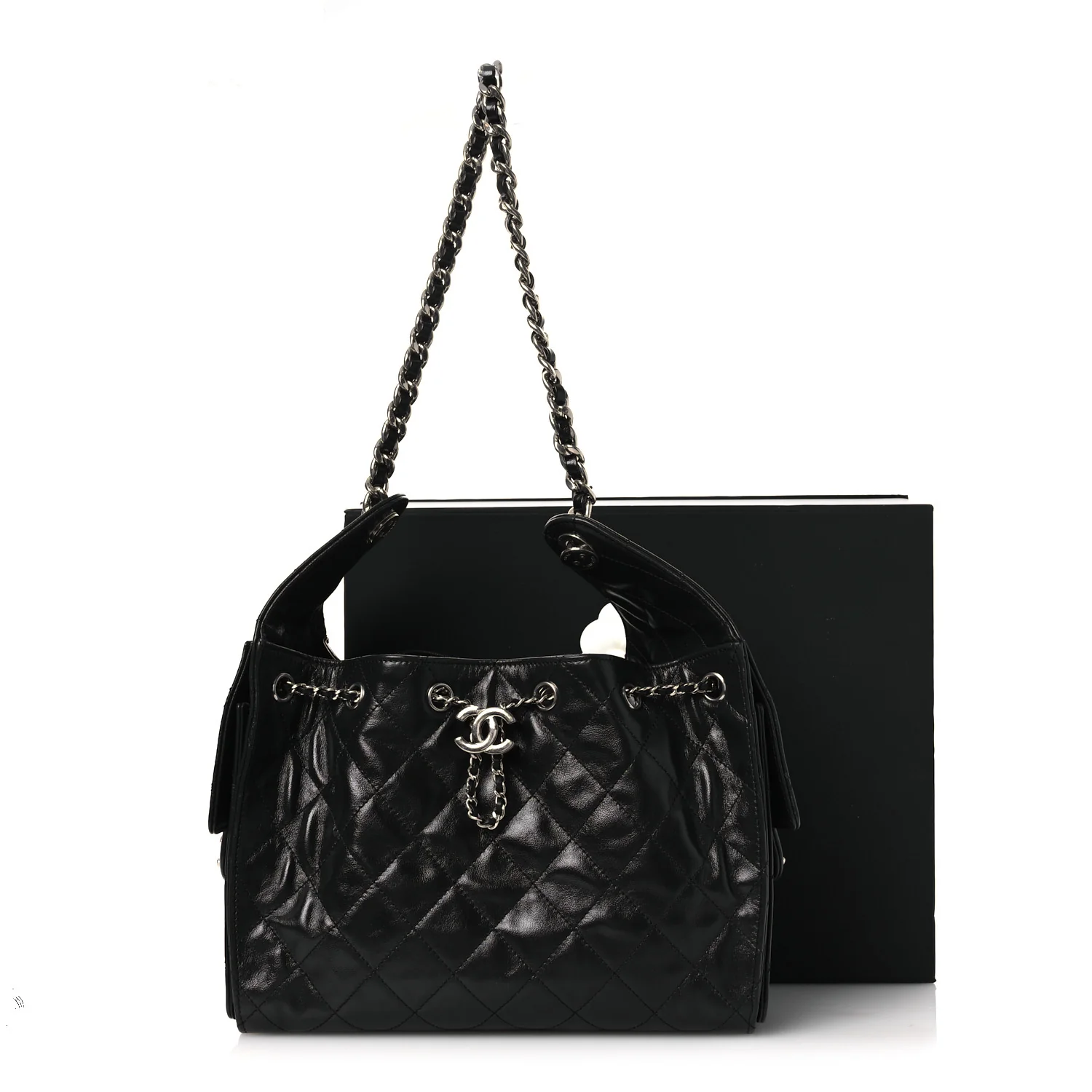 Shiny Crumpled Calfskin Quilted Small Chanel 25 Handbag Black - Image 12