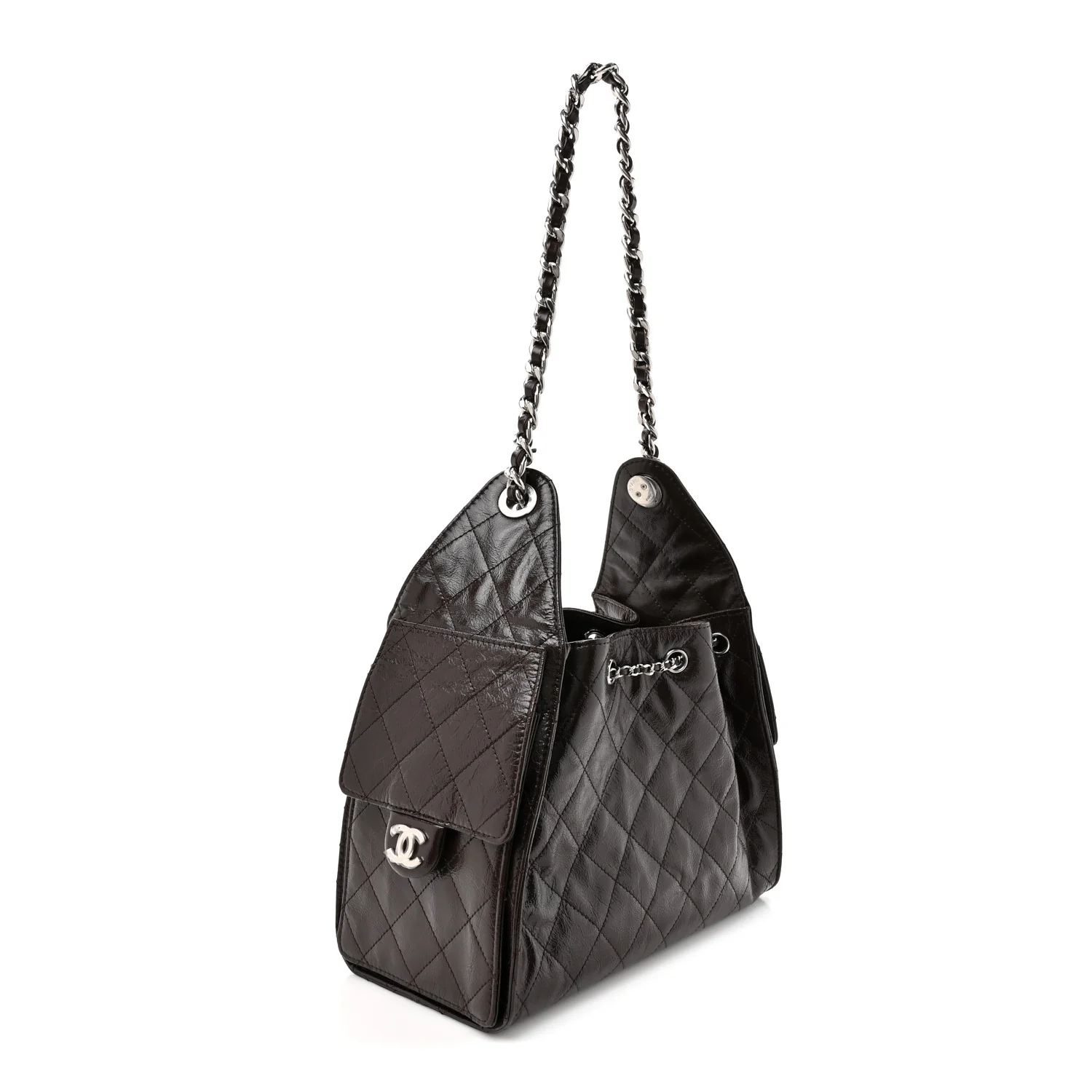 Shiny Crumpled Calfskin Quilted Small Chanel 25 Handbag Dark Brown - Image 3