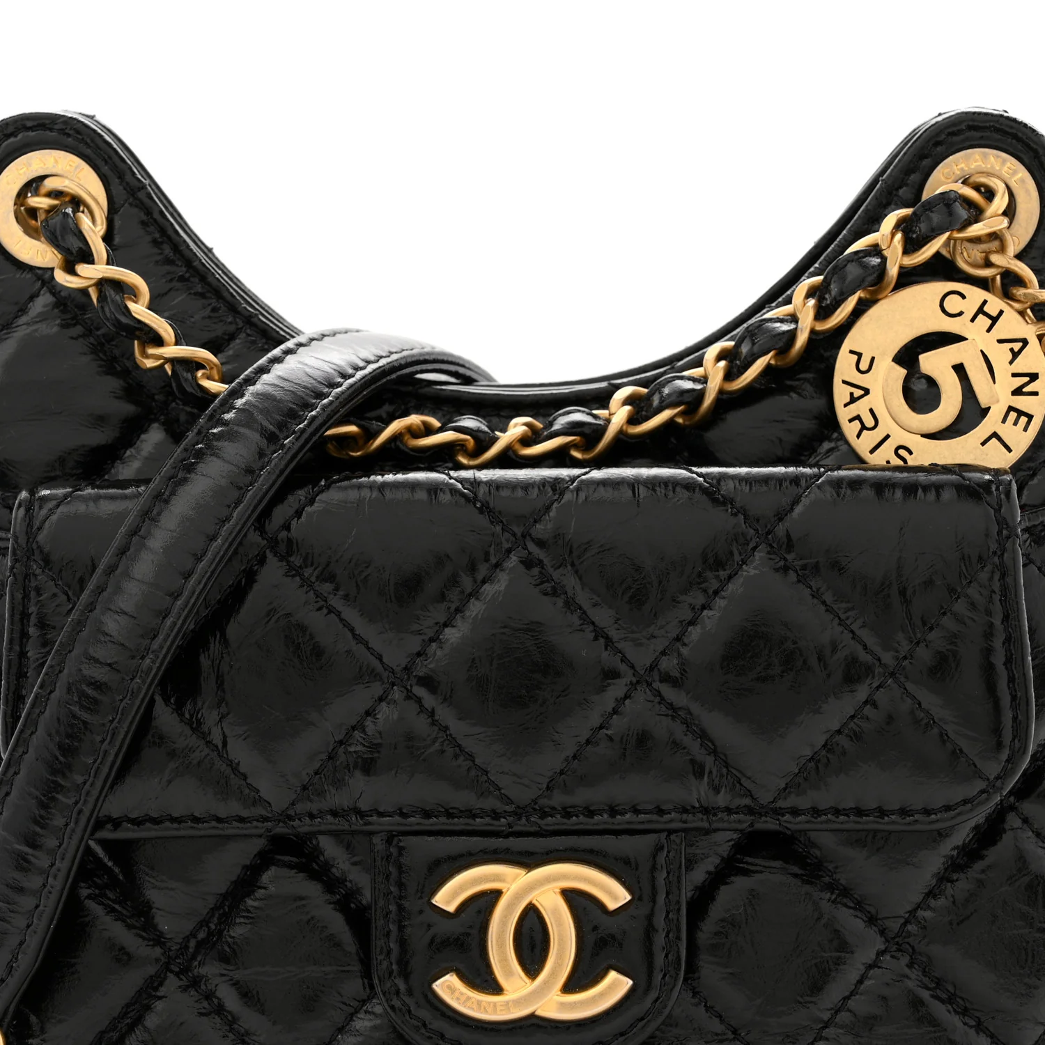 Shiny Crumpled Calfskin Quilted Small Wavy CC Hobo Black - Image 8