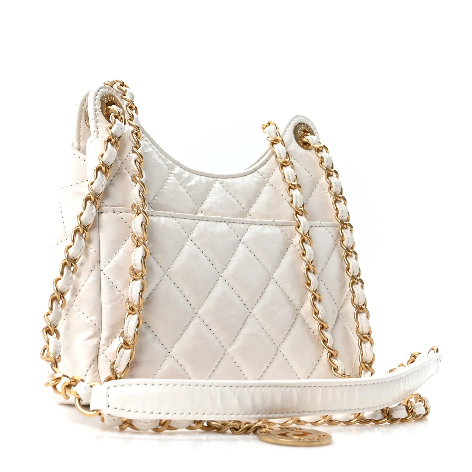 Shiny Crumpled Calfskin Quilted Small Wavy CC Hobo White - Image 3