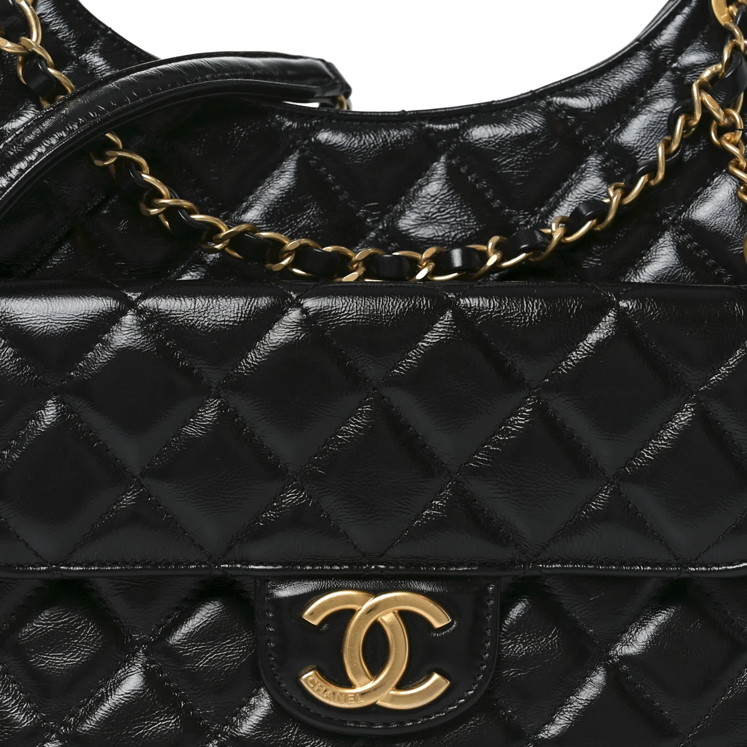 Shiny Crumpled Calfskin Quilted Wavy CC Hobo Black - Image 8