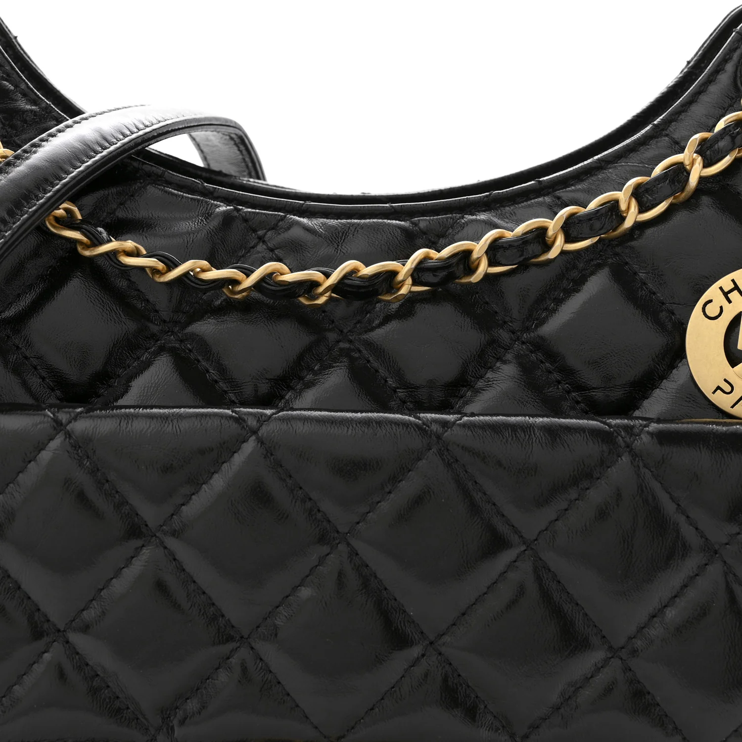 Shiny Crumpled Calfskin Quilted Wavy CC Hobo Black - Image 8