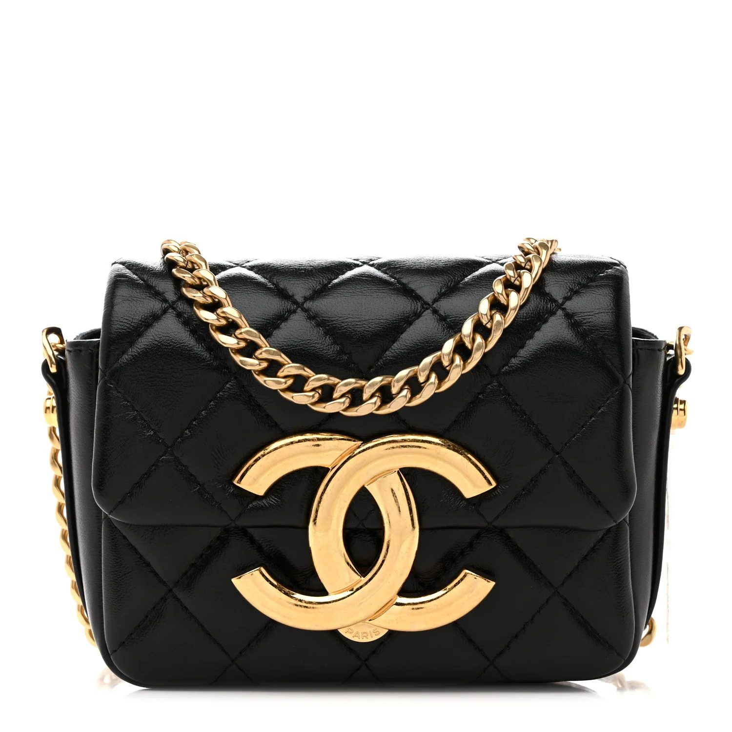 Shiny Crumpled Lambskin Quilted Mini Giant CC Flap Black