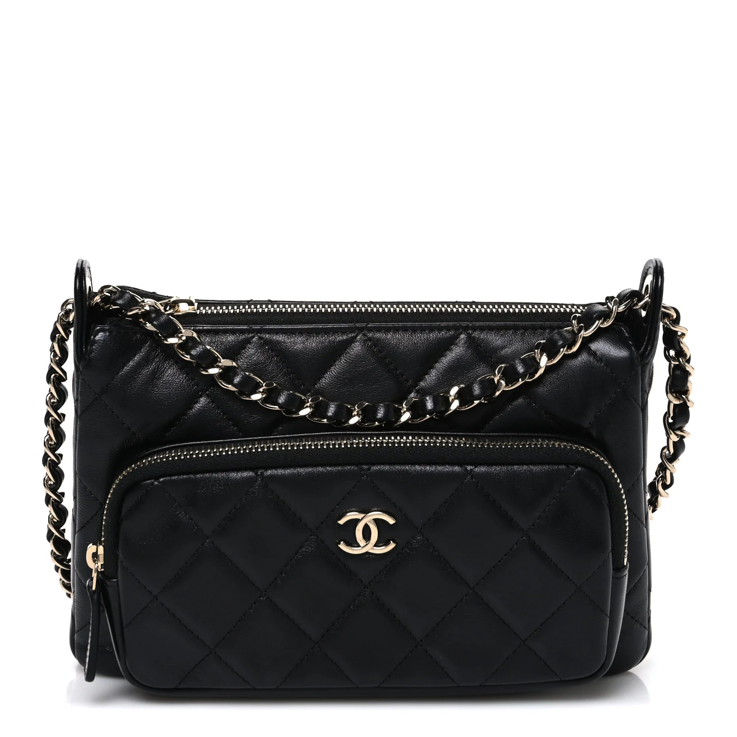 Shiny Crumpled Lambskin Quilted Small Preppy Pocket Clutch With Chain Black