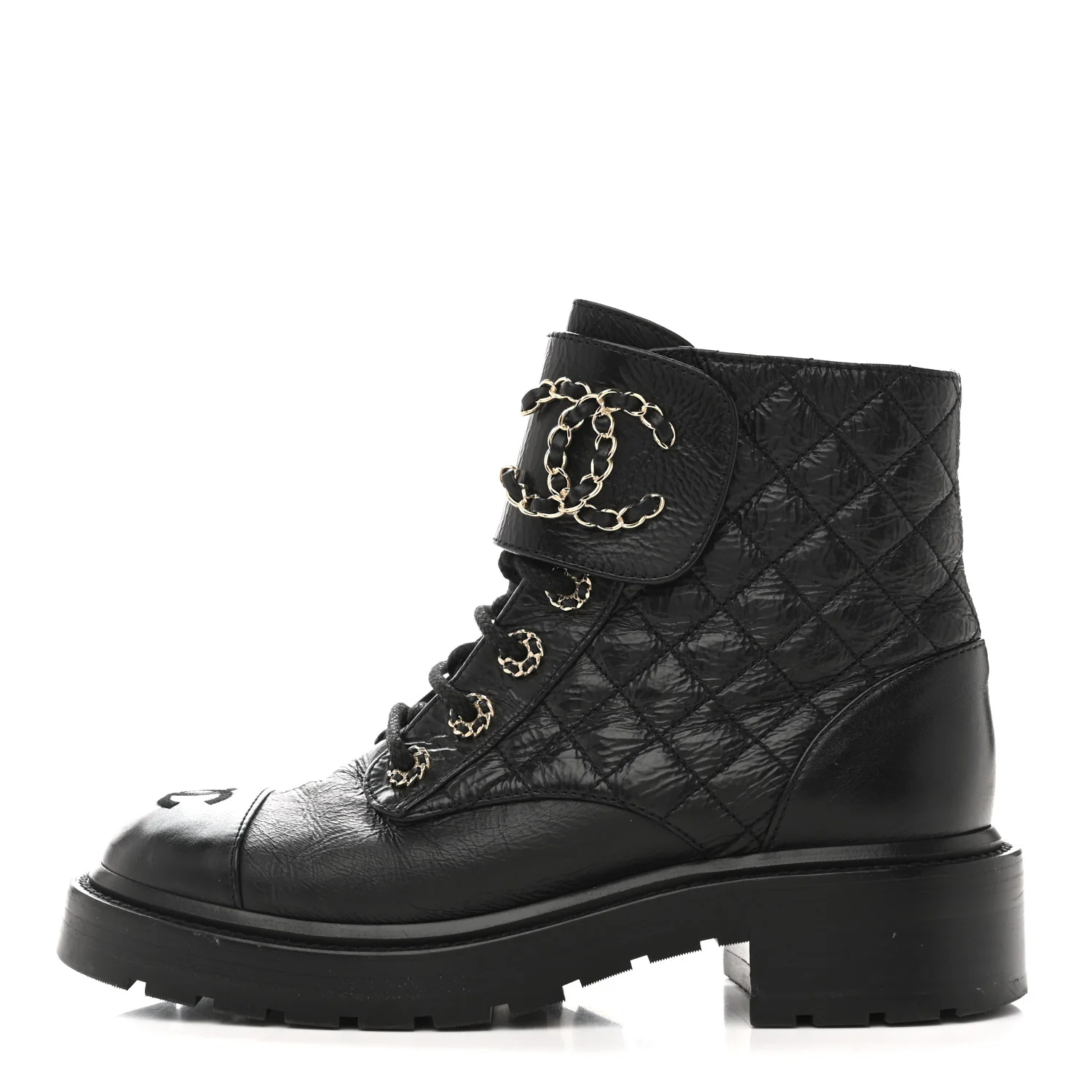 Shiny Goatskin Calfskin Quilted Lace Up Combat Boots 37 Black