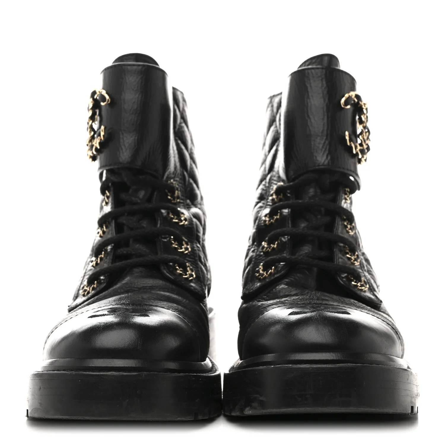 Shiny Goatskin Calfskin Quilted Lace Up Combat Boots 37 Black - Image 3