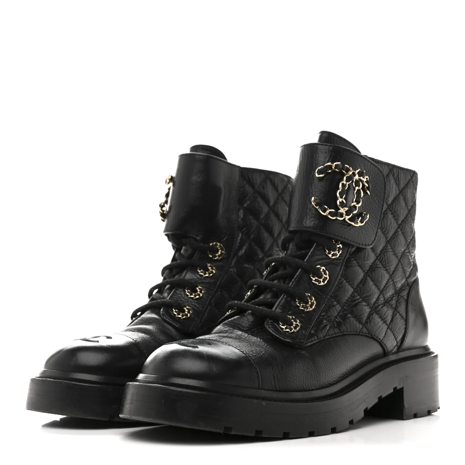 Shiny Goatskin Calfskin Quilted Lace Up Combat Boots 37 Black - Image 4