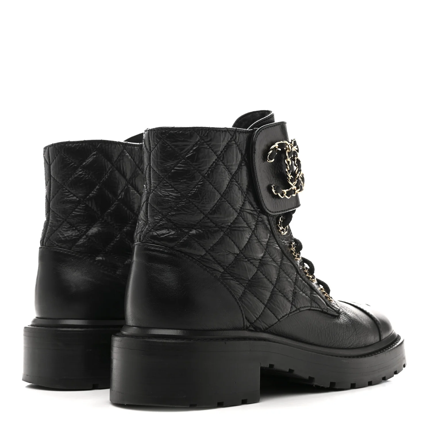 Shiny Goatskin Calfskin Quilted Lace Up Combat Boots 37 Black - Image 5
