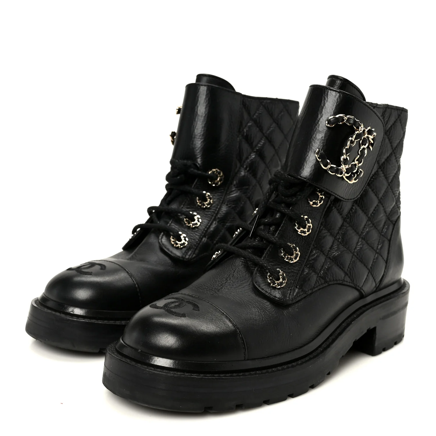 Shiny Goatskin Calfskin Quilted Lace Up Combat Boots 37.5 Black - Image 4