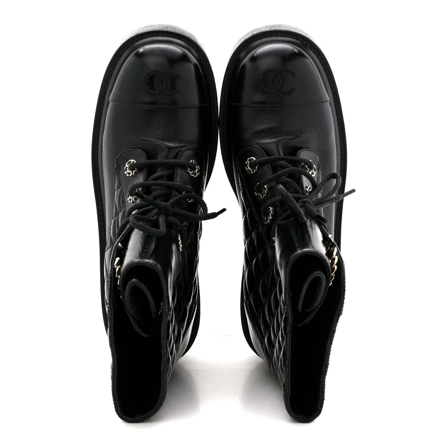 Shiny Goatskin Calfskin Quilted Lace Up Combat Boots 38.5 Black - Image 2